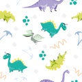 Seamless dinosaur pattern. Animal white background with colorful dino. Vector illustration. Royalty Free Stock Photo